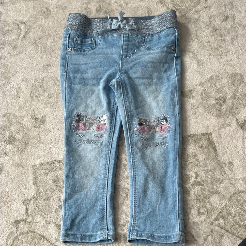 Girls Light Blue Floral Embroidered Knit-Waist Jeans with kitty knees